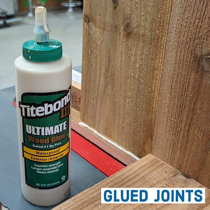 Titebond III Ultimate Wood Glue bottle with wooden joints in the background