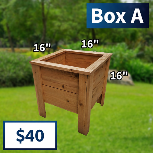 Cedar planter box with dimensions labeled on a grassy background