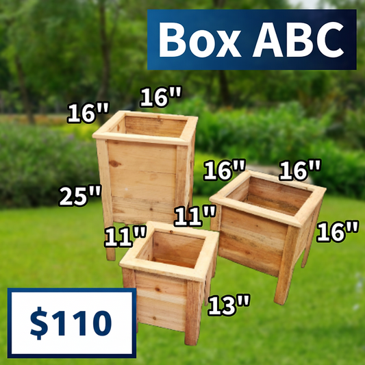 Wooden planters with dimensions labeled on a grassy background