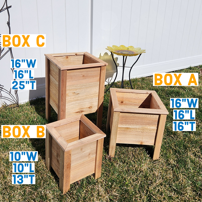 Three wooden planters labeled 'BOX A', 'BOX B', and 'BOX C' with dimensions on a grassy background.