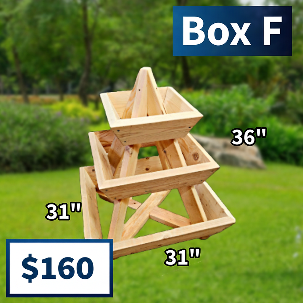 Wooden tiered planter with dimensions labeled on a green outdoor background