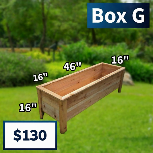 Wooden planter box with dimensions labeled on a grassy background