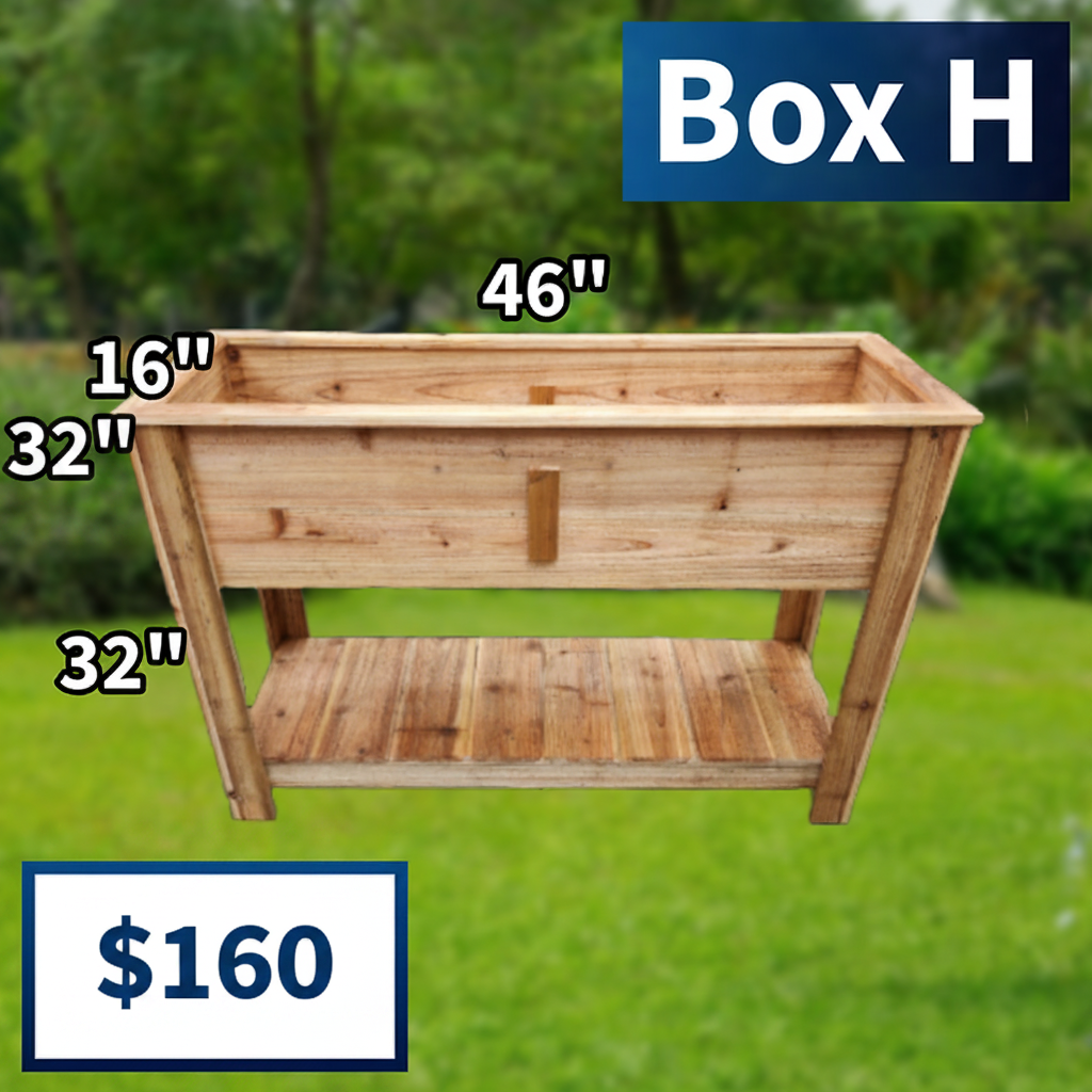 Wooden planter box with dimensions labeled on a grassy background