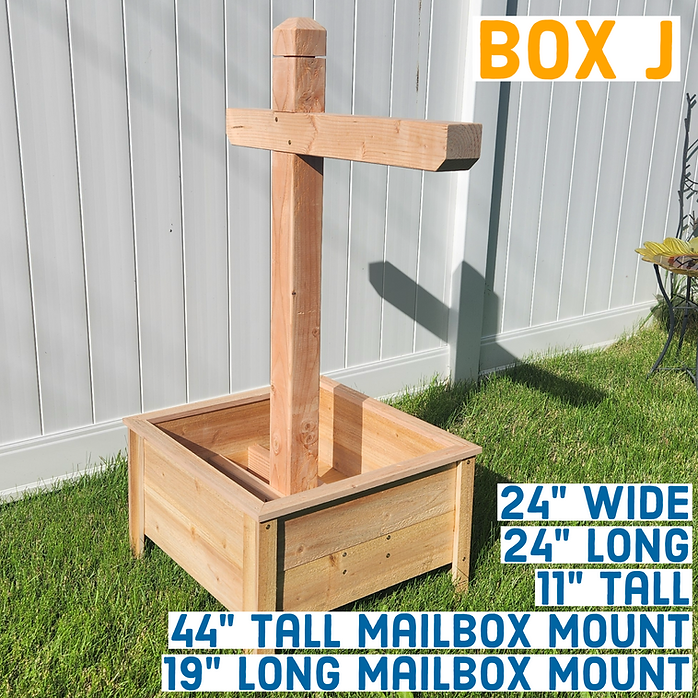 Wooden mailbox mount on grass with dimensions displayed