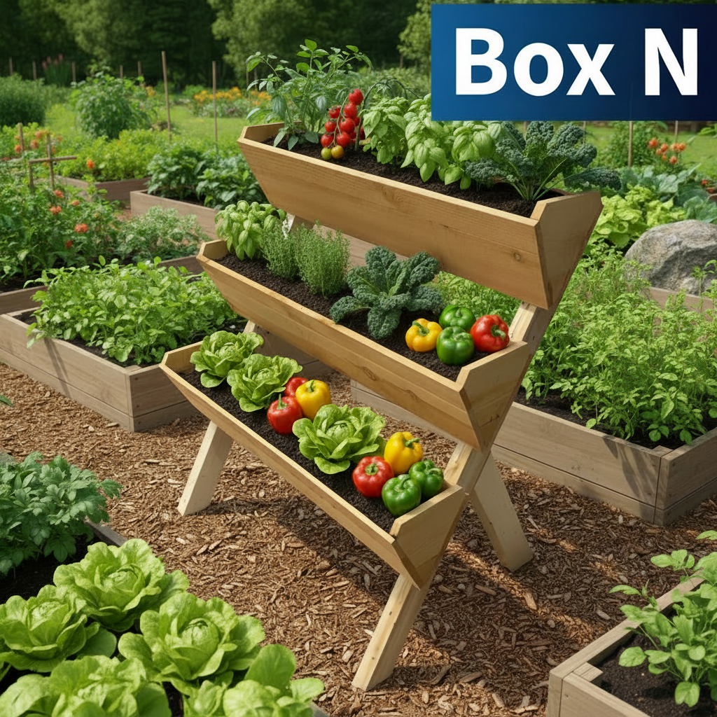 Wooden planter box with dimensions on a grassy background
