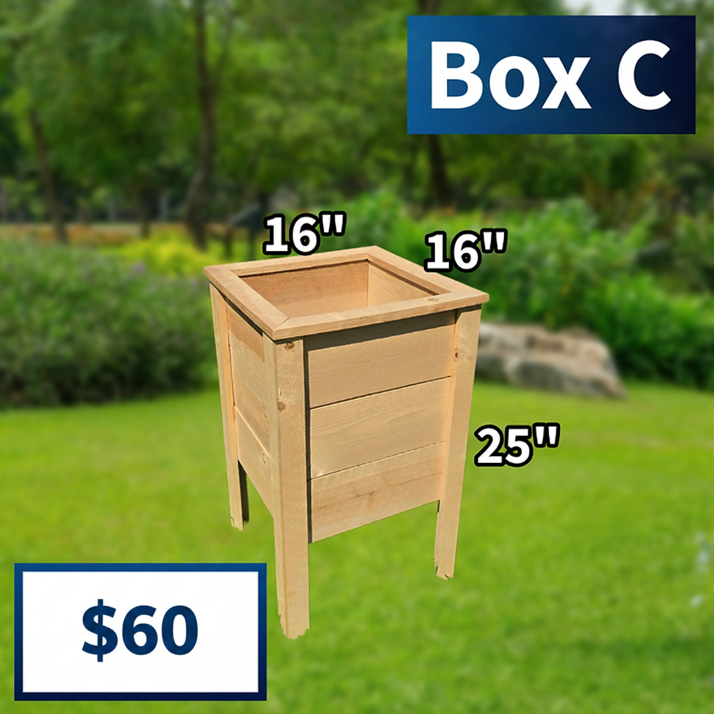 Wooden planter box with dimensions labeled on a grassy background