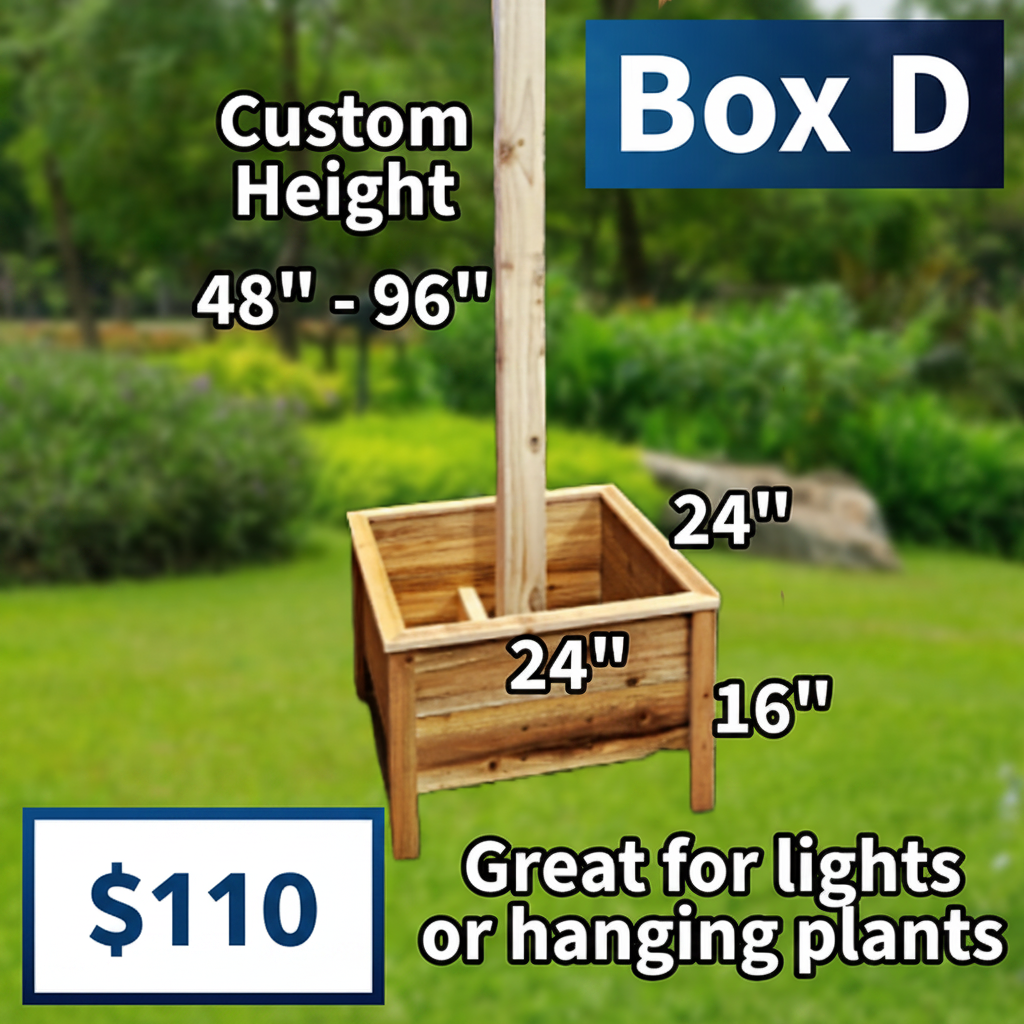 Wooden planter box with dimensions and text indicating its use for lights or hanging plants, set against a garden background.