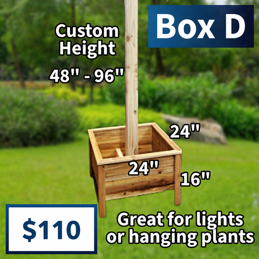 Wooden planter box with dimensions and text indicating its use for lights or hanging plants, set against a garden background.