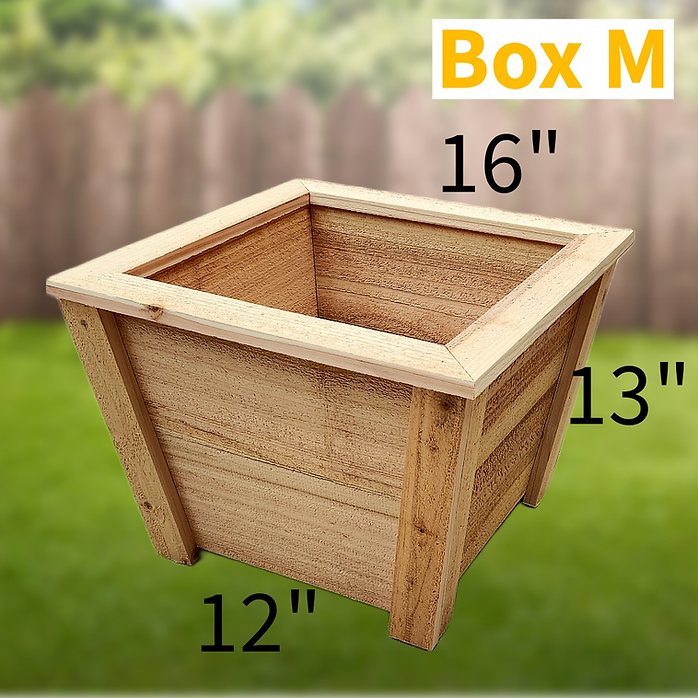 Wooden planter box with dimensions on a grassy background