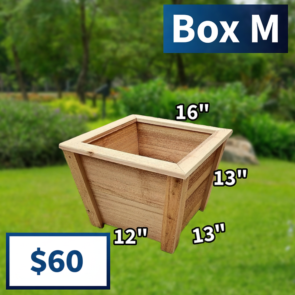 Wooden planter box with dimensions labeled on a grassy background