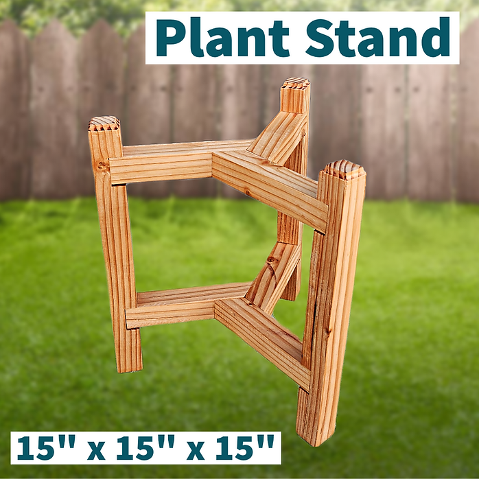 Wooden plant stand with dimensions 15" x 15" x 15" on a grassy background.