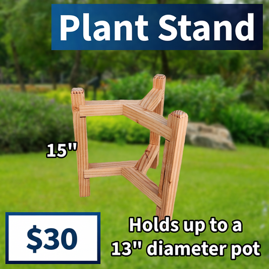 Wooden plant stand with dimensions labeled against a green outdoor background