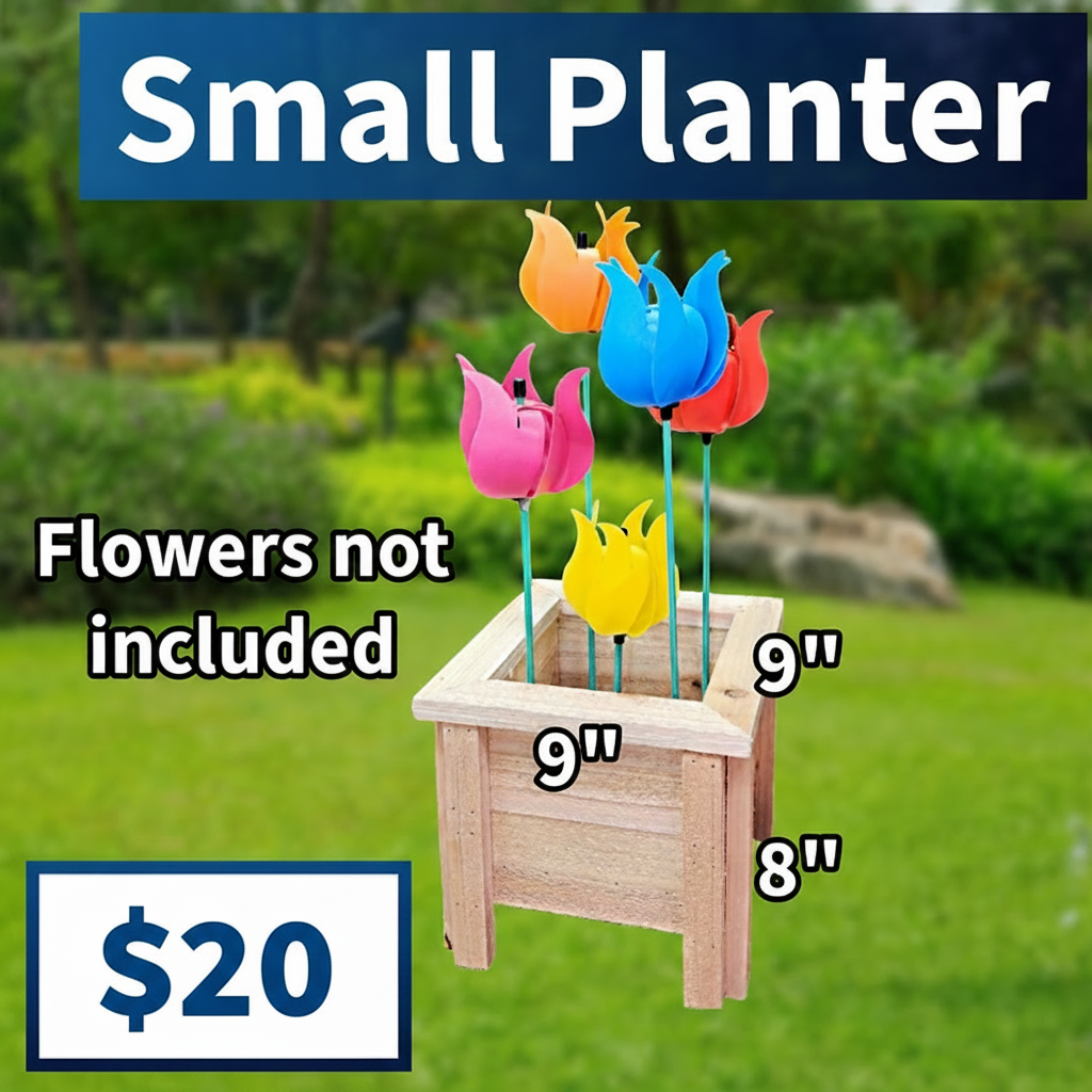 Small wooden planter with colorful plastic flowers on a grassy background