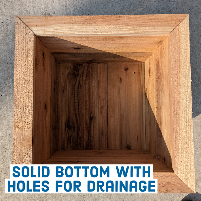 Wooden box with a solid bottom and drainage holes on a gray background