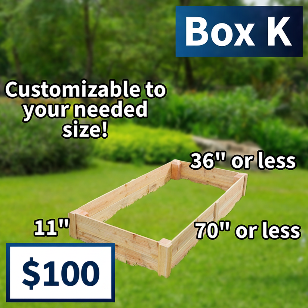 Wooden raised garden bed with customizable dimensions text overlay on a green outdoor background
